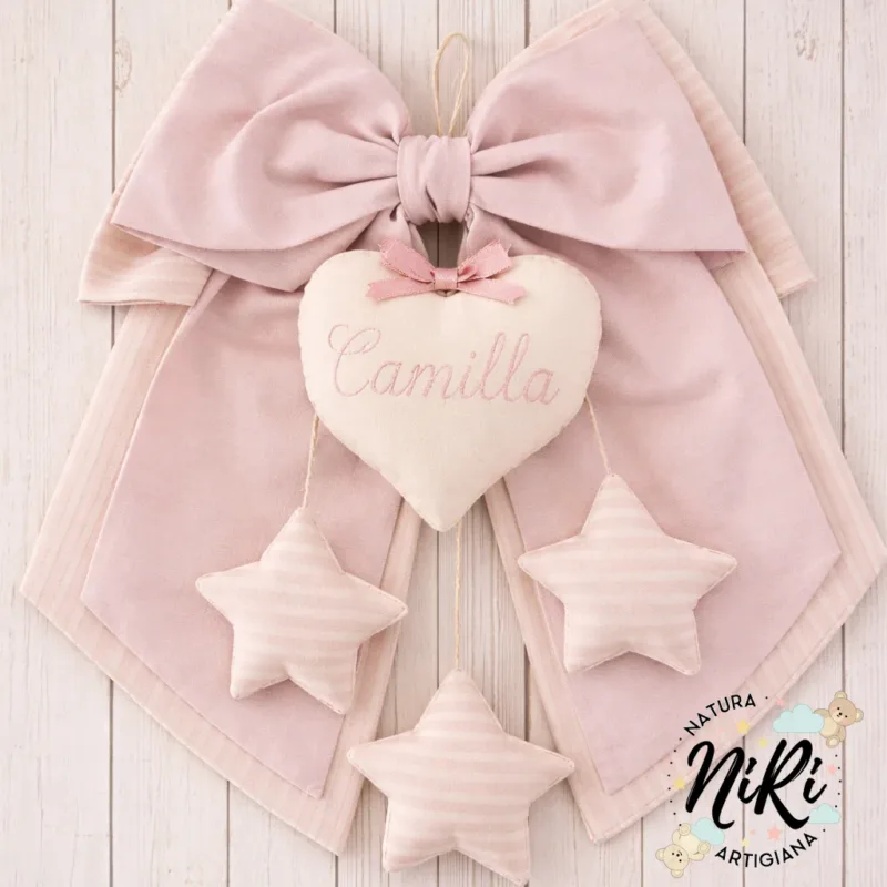 Fiocco nascita personalizzato cuore e stelline - fatto a mano